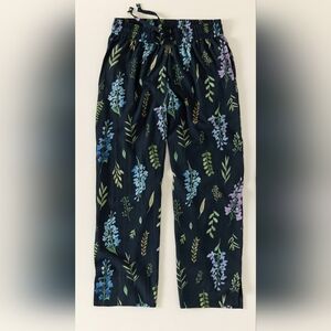 Wide Leg Floral Print Pants - Navy Blue